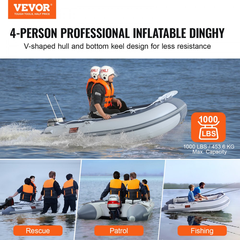 VEVOR Inflatable Dinghy Boat 4-Person Transom Sport Tender Boat with Marine Wood Floor and Adjustable Aluminum Bench 1000 lbs Inflatable Fishing