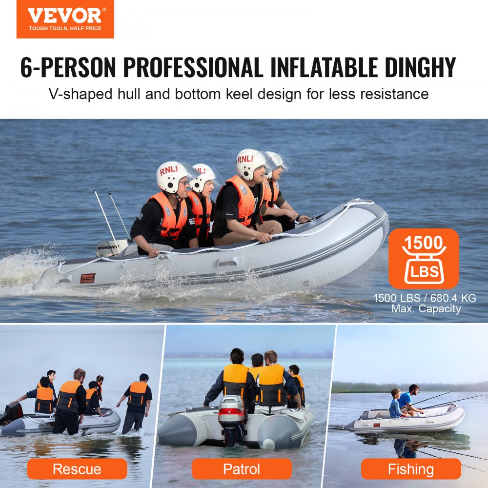 VEVOR Inflatable Dinghy Boat, 6-Person Transom Sport Tender Boat, with  Marine Wood Floor and Adjustable Aluminum Bench, 1500 lbs Inflatable  Fishing