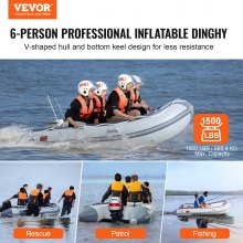Φουσκωτό σκάφος VEVOR, Sport Tender Boat 6 ατόμων, με ξύλινο δάπεδο θαλάσσης και ρυθμιζόμενο πάγκο αλουμινίου, σχεδία φουσκωτού σκάφους ψαρέματος 1500 lbs, κουπιά αλουμινίου, αντλία αέρα και τσάντα μεταφοράς
