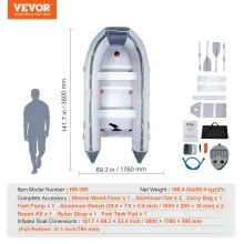 VEVOR Inflatable Dinghy Boat, 6-Person Transom Sport Tender Boat, with Marine Wood Floor and Adjustable Aluminum Bench, 1500 lbs Inflatable Fishing Boat Raft, Aluminum Oars, Air Pump, and Carry Bag