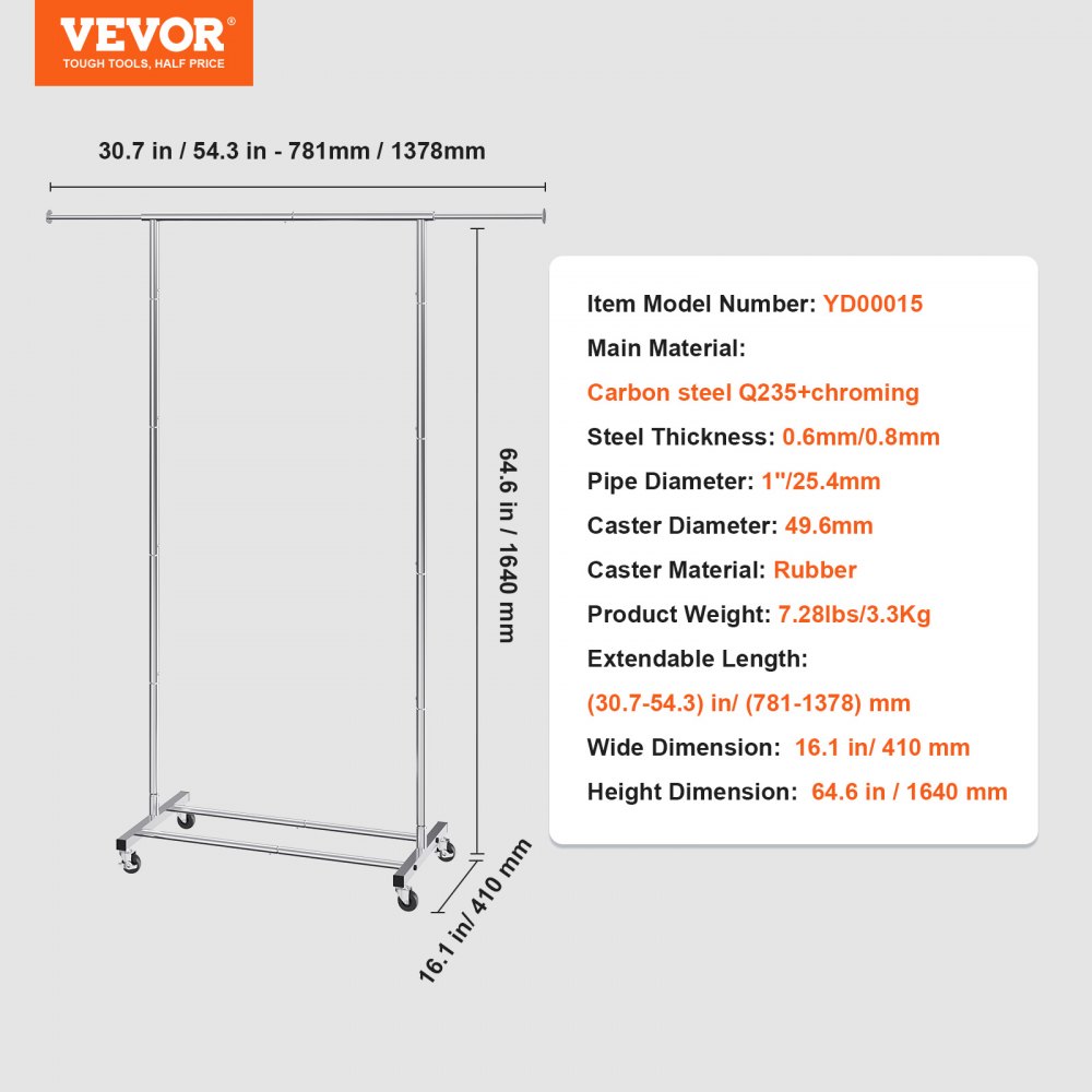 VEVOR Clothes Rack with Wheels, Heavy Duty Clothing Garment Rack with Hanging Rod and Bottom Storage Area, Adjustable Length Clothing Rack, 2 Lockable Wheels