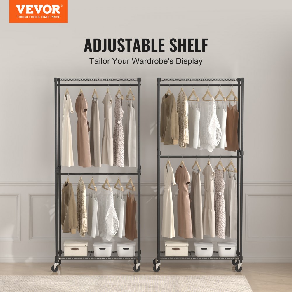 VEVOR Heavy Duty Clothes Rack, Double Hanging Rods Clothing Garment Rack  with Bottom and Top Storage
