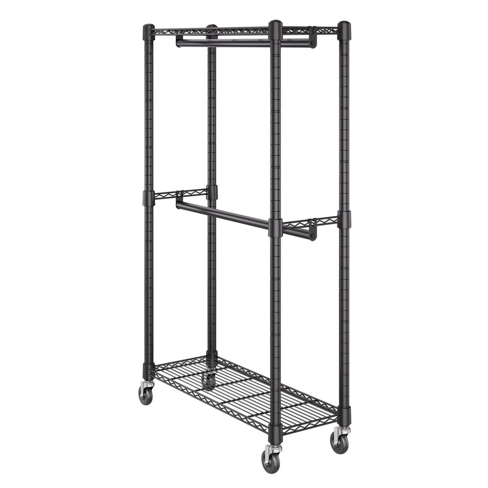 VEVOR Heavy Duty Clothes Rack, Double Hanging Rods Clothing Garment Rack with Bottom and Top Storage Tier, Rolling Clothing Rack for Hanging Clothes, Thicken Steel Tube Hold Up to 136 KG