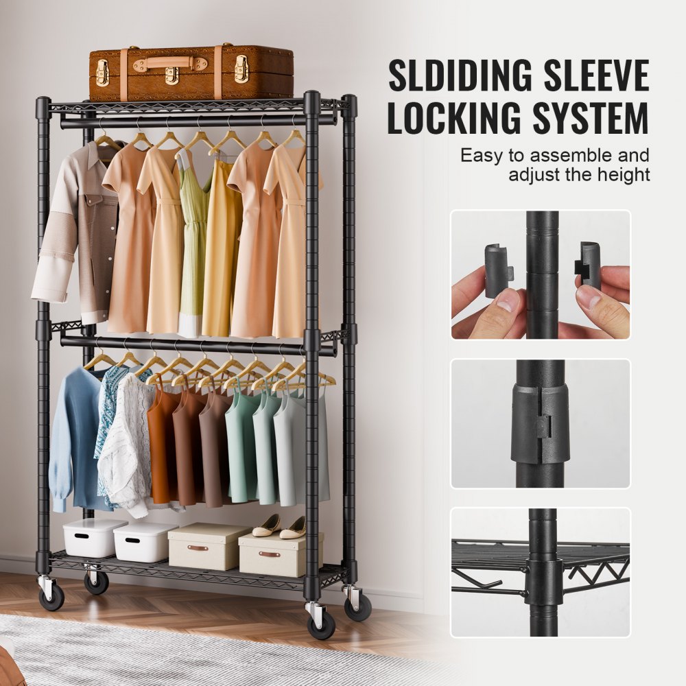 VEVOR Heavy Duty Clothes Rack, Double Hanging Rods Clothing Garment Rack with Bottom and Top Storage Tier, Rolling Clothing Rack for Hanging Clothes, 2.5cm Diameter Thicken Steel Tube Hold Up to 136.1kg