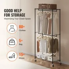 VEVOR Heavy Duty Clothes Rack, Double Hanging Rods Clothing Garment Rack with Bottom and Top Storage Tier, Rolling Clothing Rack for Hanging Clothes, 1'' Diameter Thicken Steel Tube Hold Up to 300Lbs