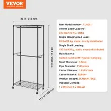 VEVOR Heavy Duty Clothes Rack, Double Hanging Rods Clothing Garment Rack with Bottom and Top Storage Tier, Rolling Clothing Rack for Hanging Clothes, 1'' Diameter Thicken Steel Tube Hold Up to 300Lbs