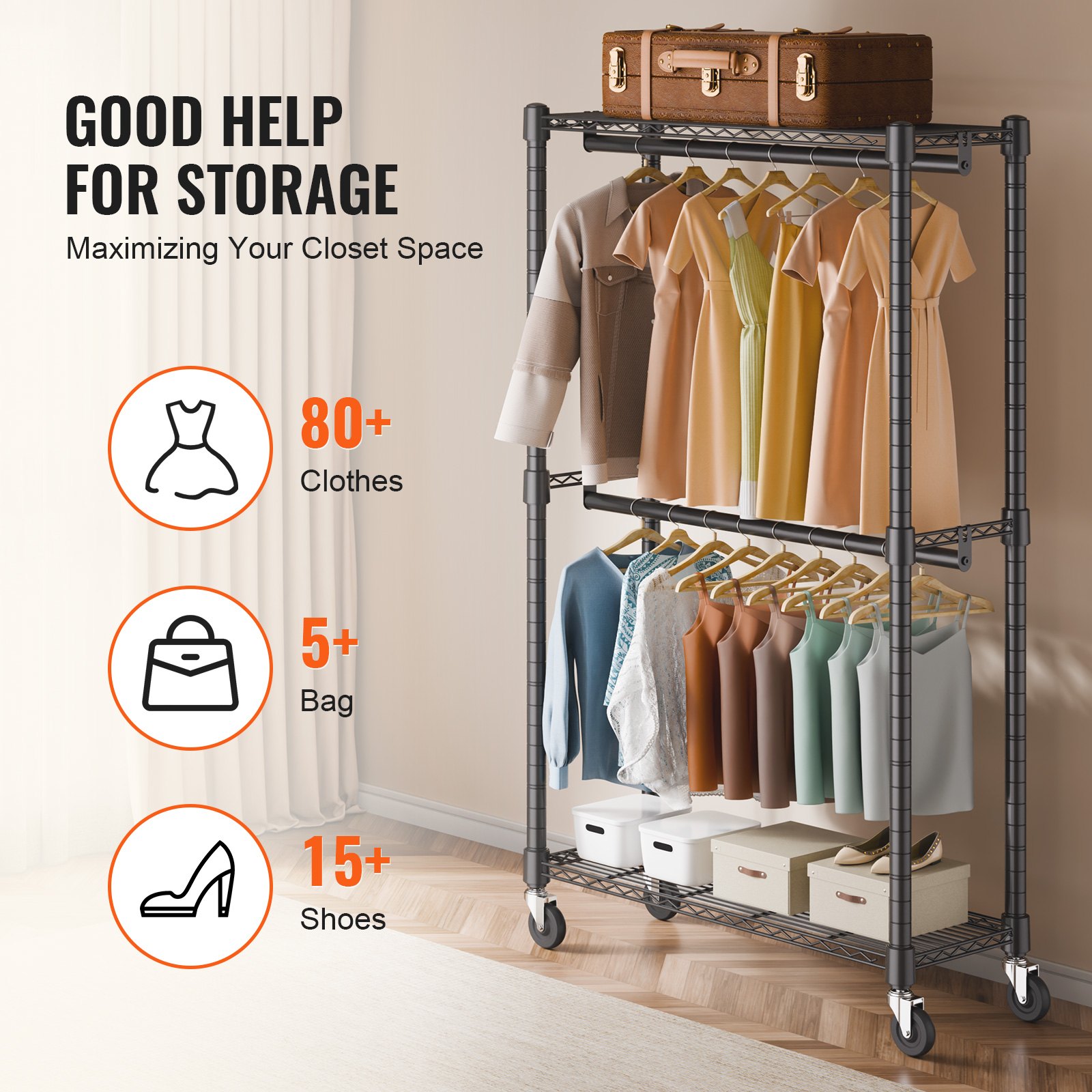 VEVOR Heavy Duty Clothes Rack, Double Hanging Rods Clothing Garment Rack with Bottom and Top Storage Tier, Rolling Clothing Rack for Hanging Clothes, Thicken Steel Tube Hold Up to 136 KG