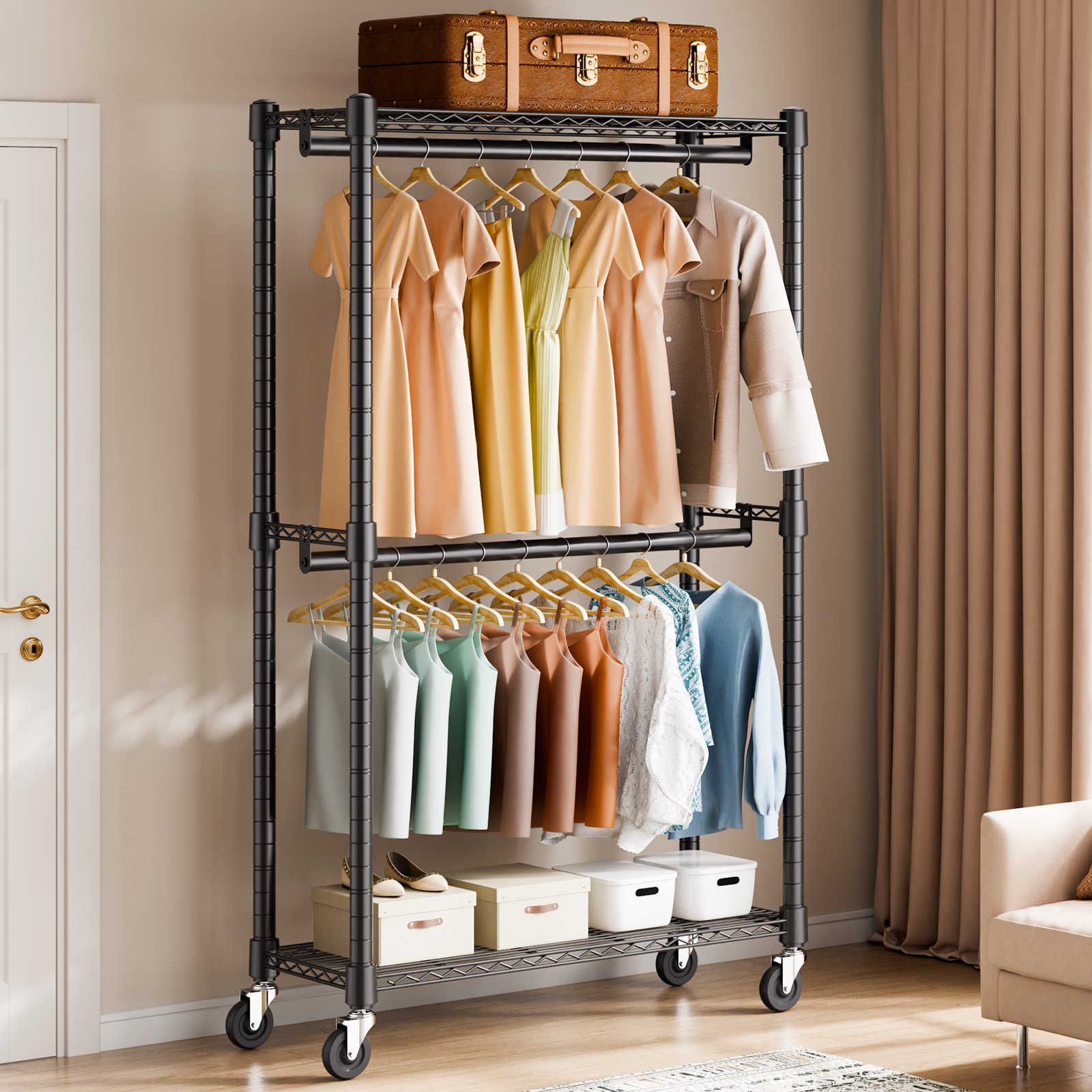 VEVOR Heavy Duty Clothes Rack, Double Hanging Rods Clothing Garment Rack with Bottom and Top Storage Tier, Rolling Clothing Rack for Hanging Clothes, Thicken Steel Tube Hold Up to 136 KG