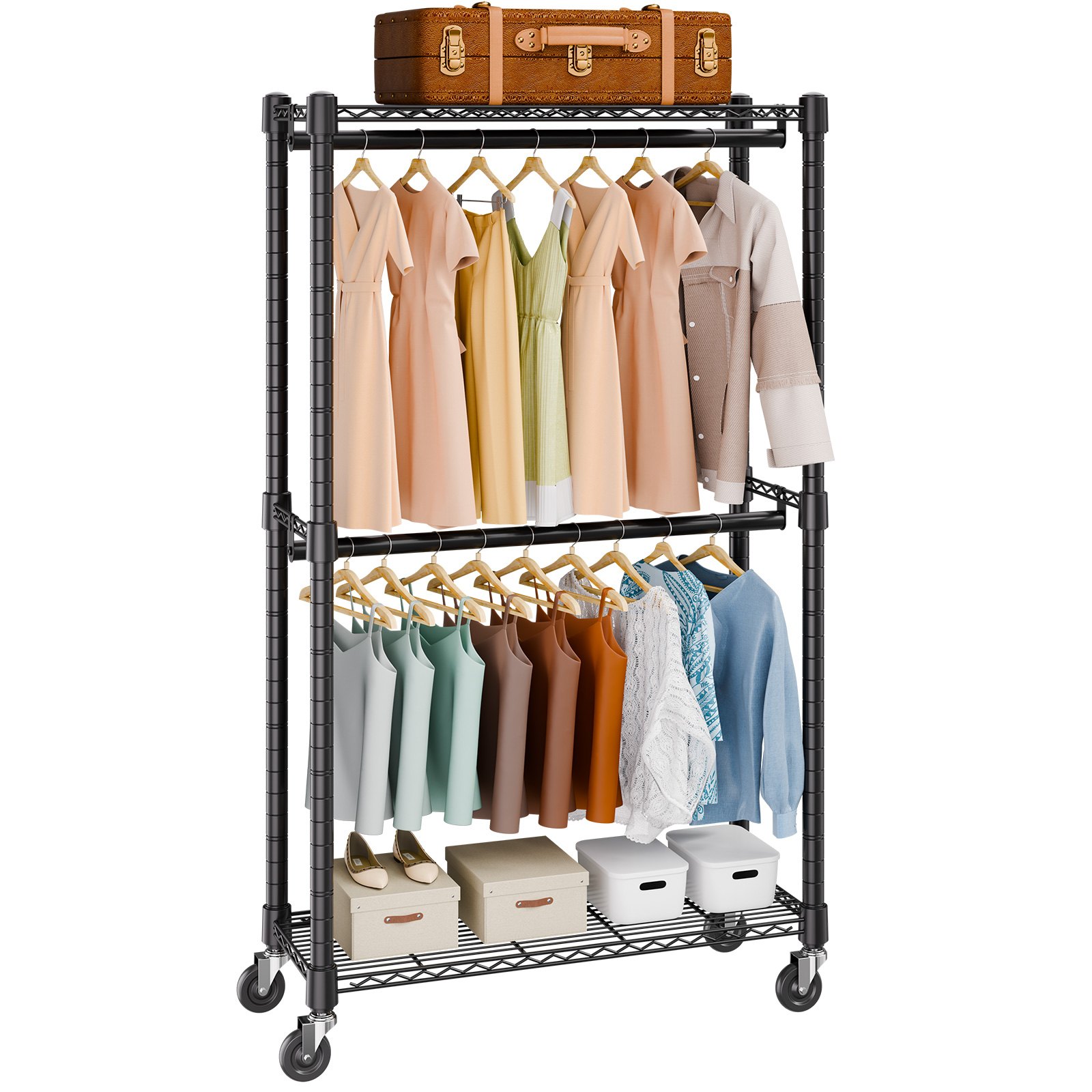 VEVOR Heavy Duty Clothes Rack, Double Hanging Rods Clothing Garment Rack with Bottom and Top Storage Tier, Rolling Clothing Rack for Hanging Clothes, Thicken Steel Tube Hold Up to 136 KG