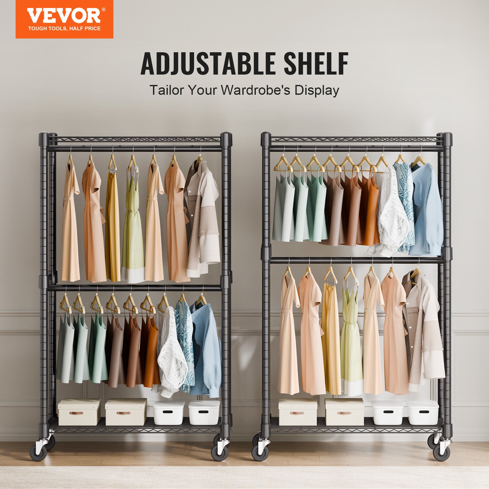 VEVOR Heavy Duty Clothes Rack, Double Hanging Rods Clothing Garment Rack with Bottom and Top Storage Tier, Rolling Clothing Rack for Hanging Clothes, 2.5cm Diameter Thicken Steel Tube Hold Up to 136.1kg
