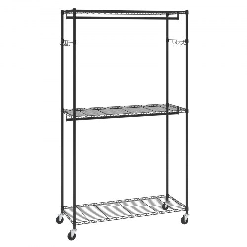 VEVOR Heavy Duty Clothes Rack, Rolling Clothing Garment Rack with 3 Storage Tiers, 2 Rods and 2 Pairs Side Hooks, Adjustable Height Clothing Rack Closet for Hanging Clothes, 182 kg Load Capacity