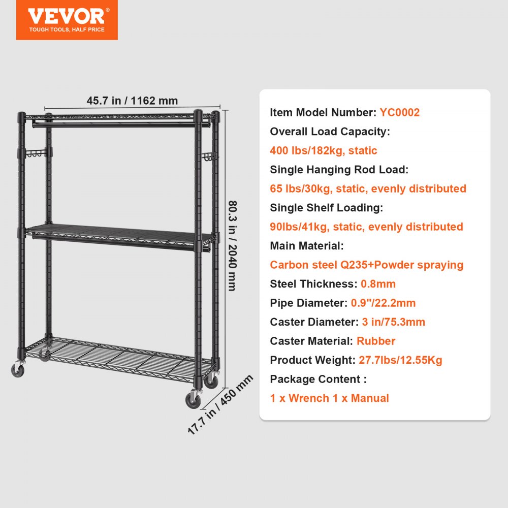 VEVOR Heavy Duty Clothes Rack, Rolling Clothing Garment Rack with 3 Storage Tiers, 2 Rods and 2 Pairs Side Hooks, Adjustable Height Clothing Rack Closet for Hanging Clothes, 182 kg Load Capacity