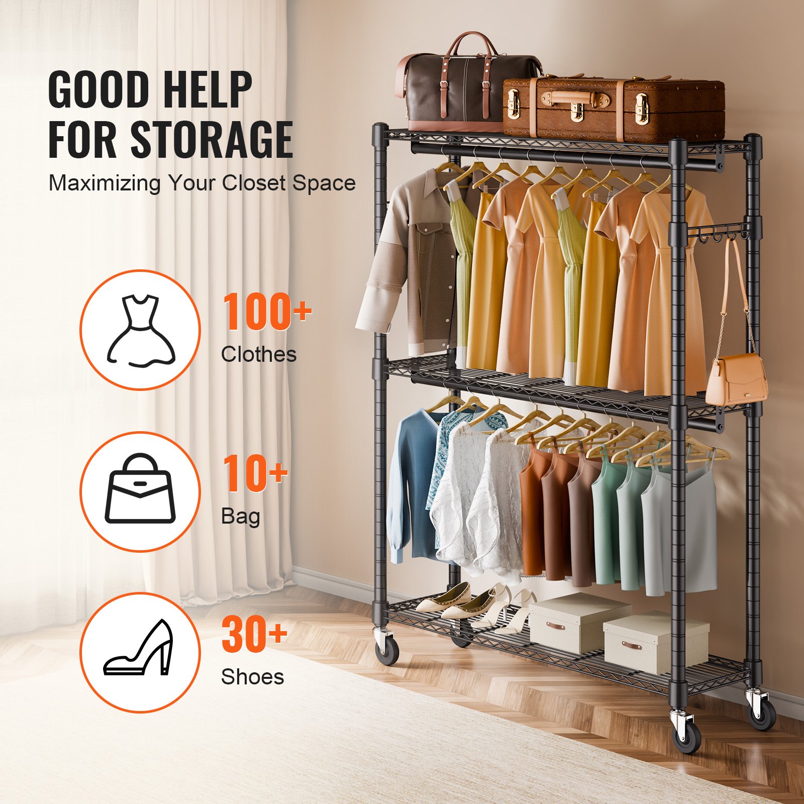 VEVOR Heavy Duty Clothes Rack, Rolling Clothing Garment Rack with 3 Storage Tiers, 2 Rods and 2 Pairs Side Hooks, Adjustable Height Clothing Rack Closet for Hanging Clothes, 400 Lbs Load Capacity