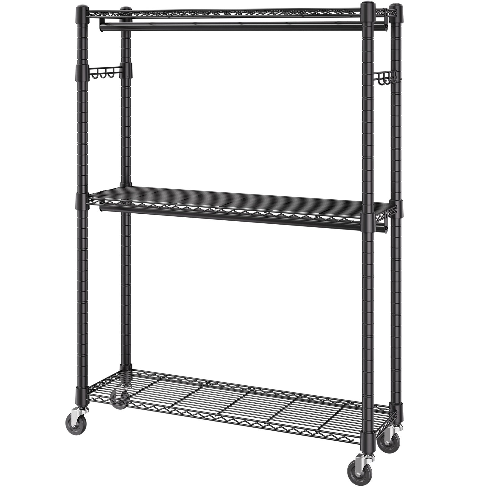 VEVOR Heavy Duty Clothes Rack, Rolling Clothing Garment Rack with 3 Storage Tiers, 2 Rods and 2 Pairs Side Hooks, Adjustable Height Clothing Rack Closet for Hanging Clothes, 400 Lbs Load Capacity