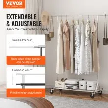 VEVOR Clothes Rack with Wheels, Heavy Duty Clothing Garment Rack, Commercial Clothing Rack for Hanging Clothes with Bottom Storage Area, 450 lbs Load Capacity, Adjustable Height and Extendable Length