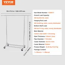 VEVOR Clothes Rack with Wheels, Heavy Duty Clothing Garment Rack, Commercial Clothing Rack for Hanging Clothes with Bottom Storage Area, 450 lbs Load Capacity, Adjustable Height and Extendable Length