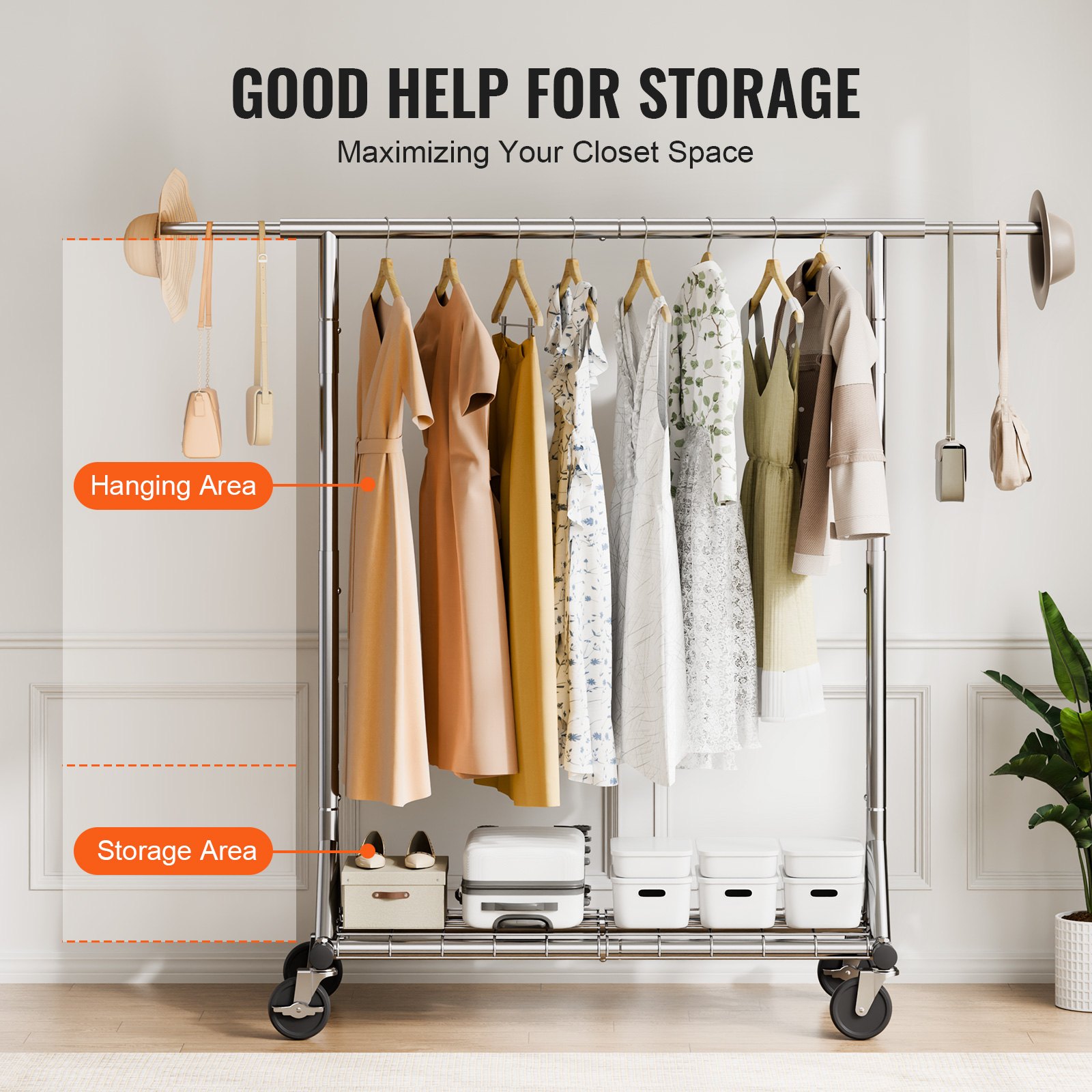 VEVOR Clothes Rack with Wheels, Heavy Duty Clothing Garment Rack, Commercial Clothing Rack for Hanging Clothes with Bottom Storage Area, 204 kg Load Capacity, Adjustable Height and Extendable Length