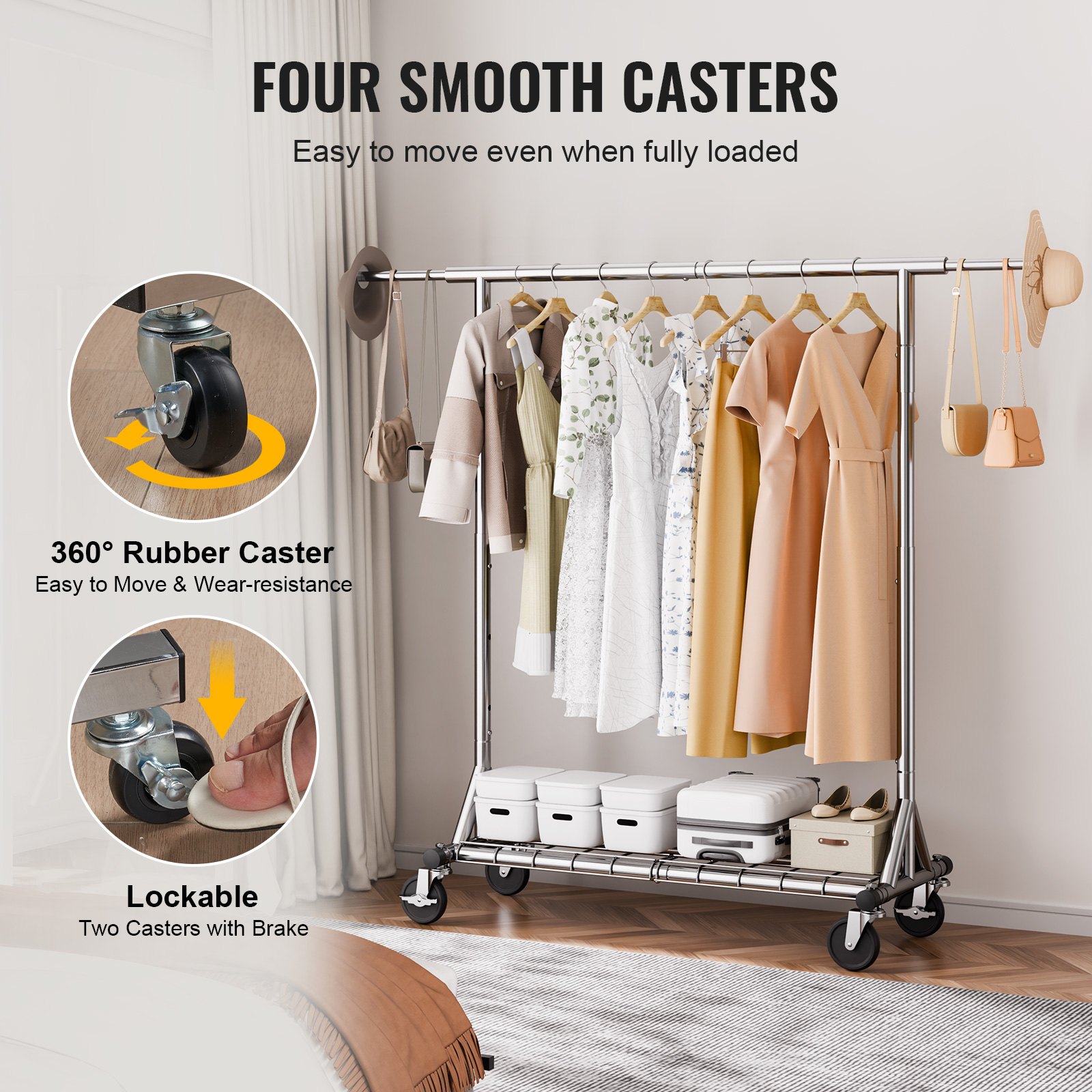 VEVOR Clothes Rack with Wheels, Heavy Duty Clothing Garment Rack, Commercial Clothing Rack for Hanging Clothes with Bottom Storage Area, 204 kg Load Capacity, Adjustable Height and Extendable Length