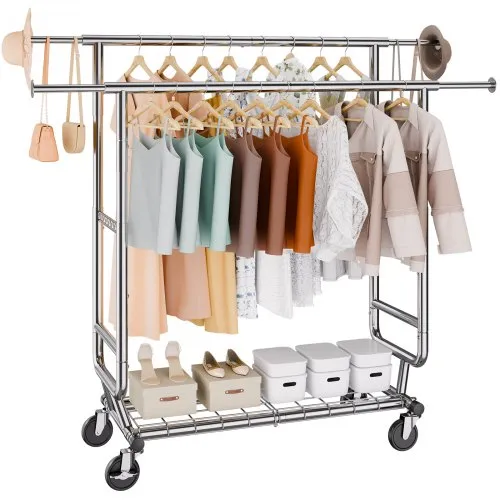 VEVOR Heavy Duty Clothes Rack, Double Hanging Rod Clothing Garment Rack for Hanging Clothes, Adjustable Height and Extendable Length Clothing Rack with Bottom Storage Area, 272.2kg Load Capacity