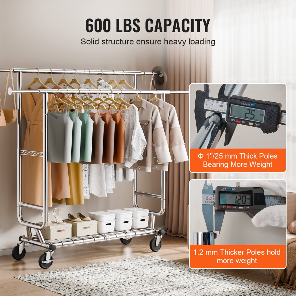 VEVOR Heavy Duty Clothes Rack, Double Hanging Rod Clothing Garment Rack for Hanging Clothes, Adjustable Height and Extendable Length Clothing Rack with Bottom Storage Area, 600 lbs Load Capacity