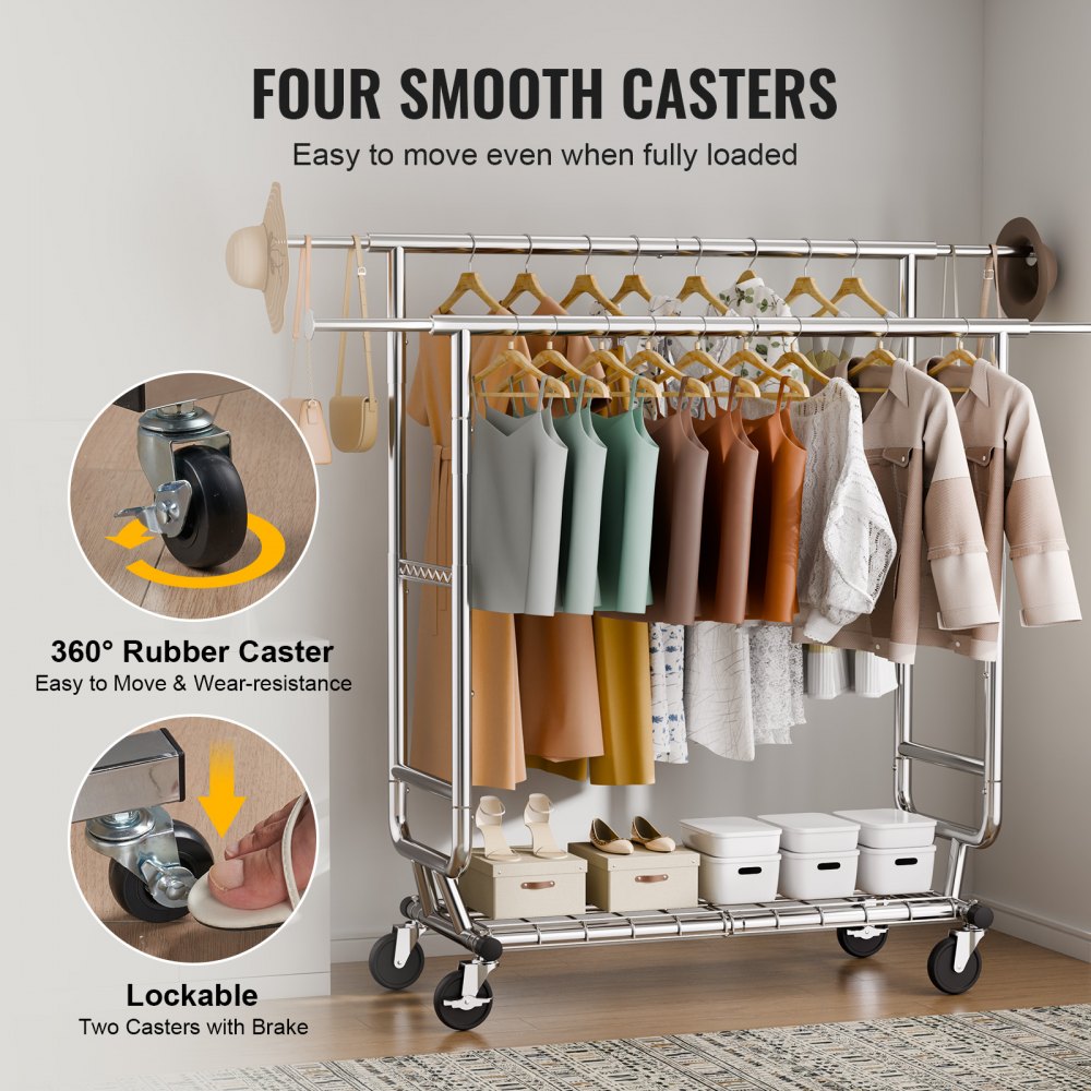 VEVOR Heavy Duty Clothes Rack, Double Hanging Rod Clothing Garment Rack for Hanging Clothes, Adjustable Height and Extendable Length Clothing Rack with Bottom Storage Area, 600 lbs Load Capacity