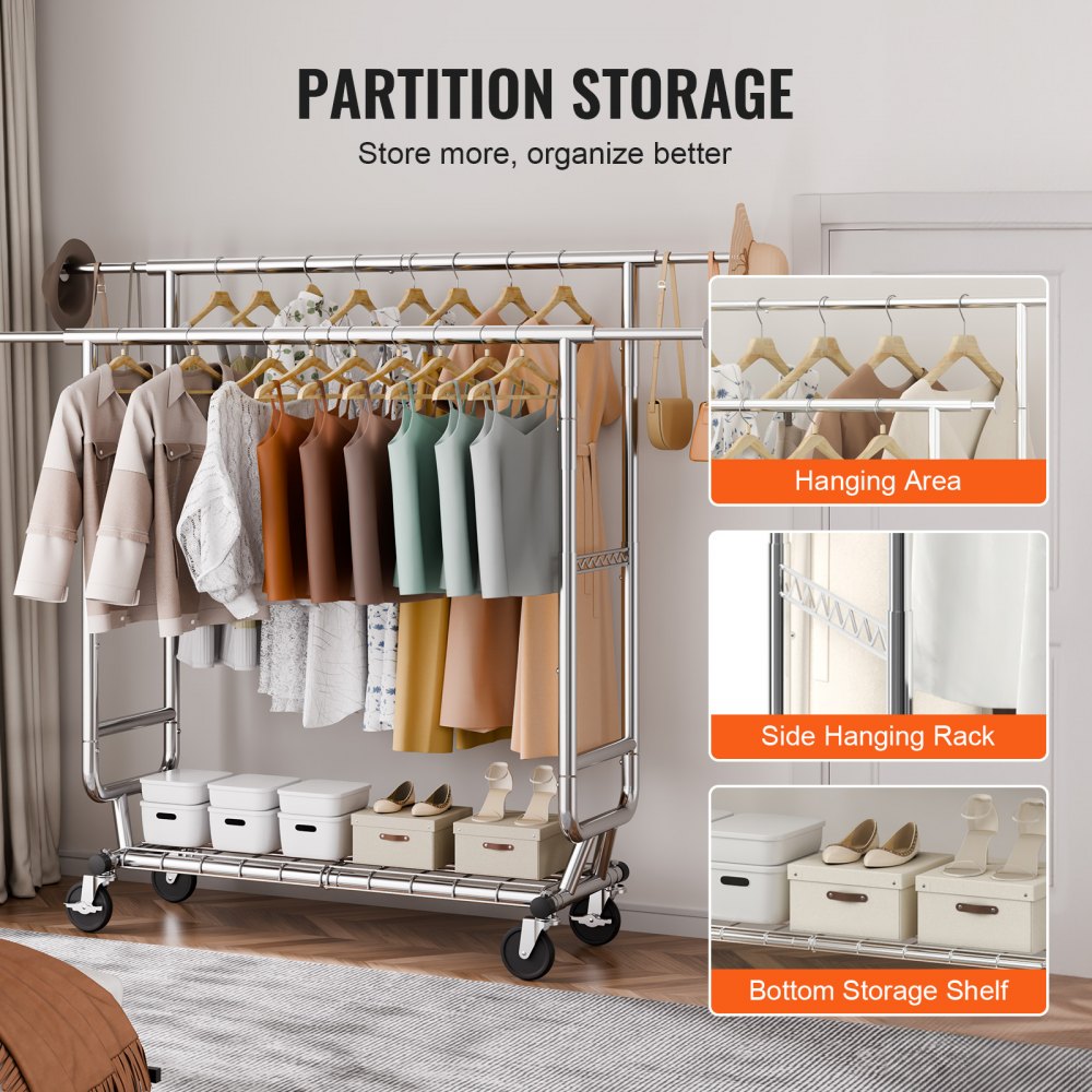VEVOR Heavy Duty Clothes Rack, Double Hanging Rod Clothing Garment Rack for Hanging Clothes, Adjustable Height and Extendable Length Clothing Rack with Bottom Storage Area, 600 lbs Load Capacity