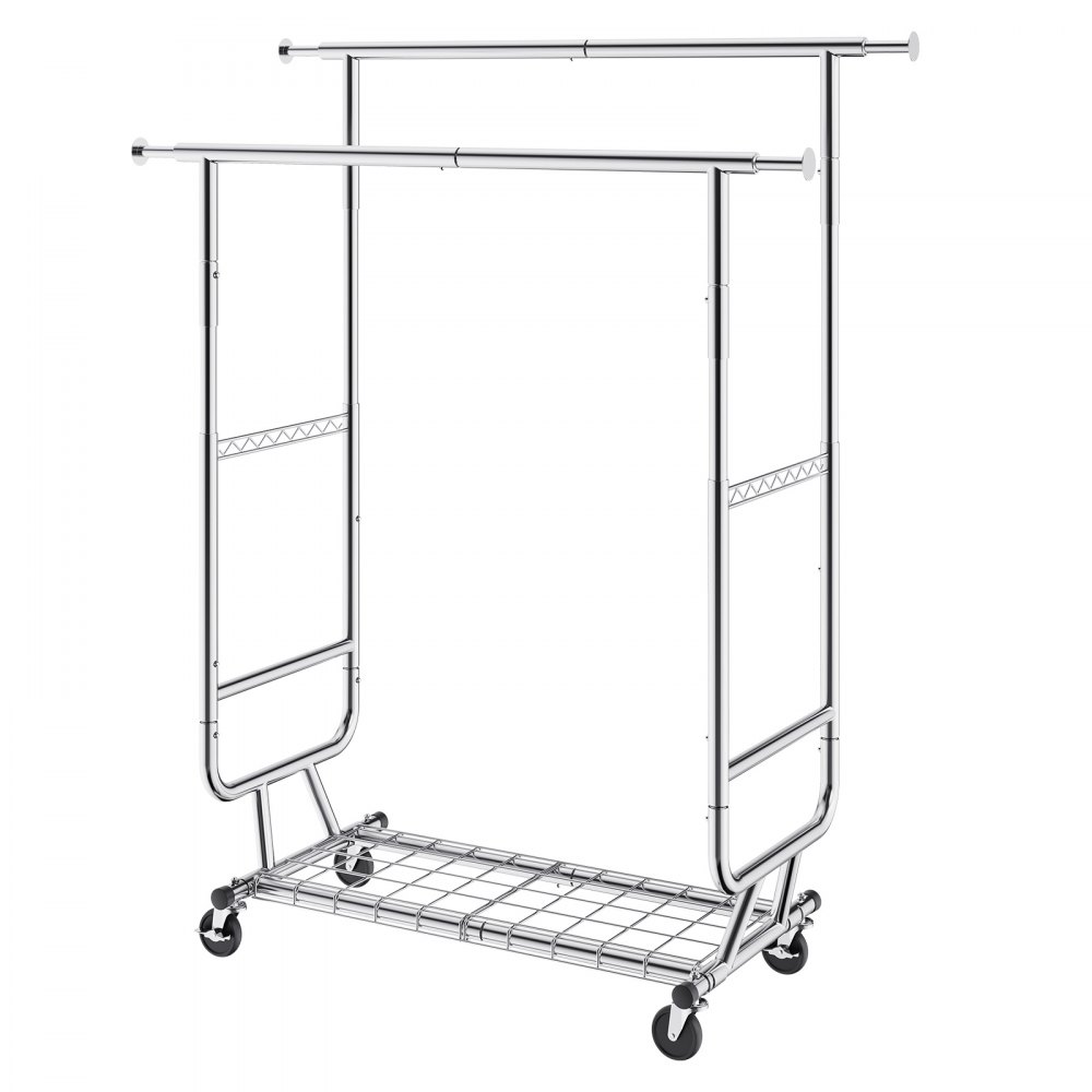 VEVOR Heavy Duty Clothes Rack, Double Hanging Rod Clothing Garment Rack for Hanging Clothes, Adjustable Height and Extendable Length Clothing Rack with Bottom Storage Area, 600 lbs Load Capacity