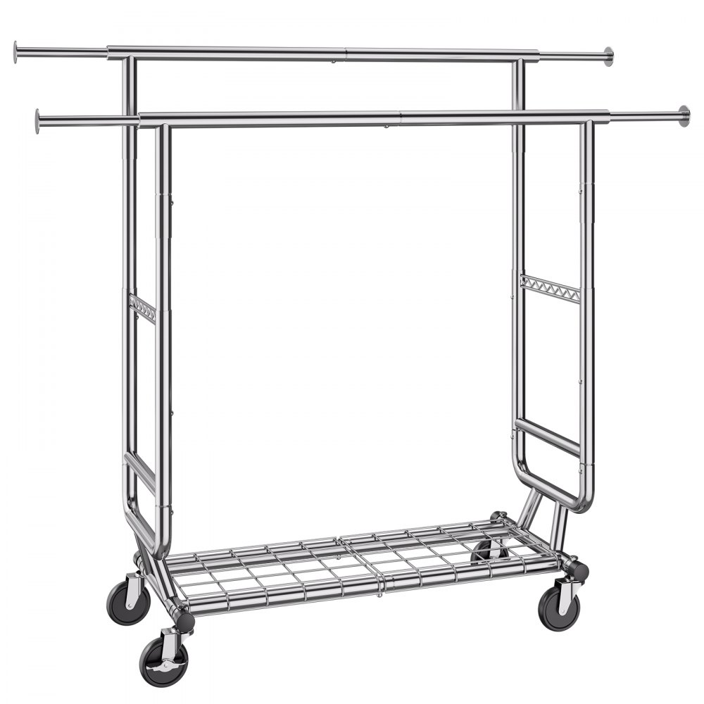 VEVOR Heavy Duty Clothes Rack, Double Hanging Rod Clothing Garment Rack for Hanging Clothes, Adjustable Height and Extendable Length Clothing Rack with Bottom Storage Area, 600 lbs Load Capacity