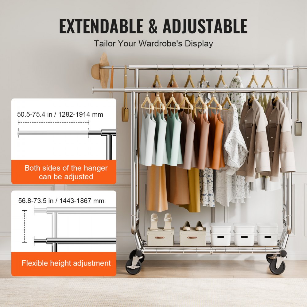 VEVOR Heavy Duty Clothes Rack, Double Hanging Rod Clothing Garment Rack for Hanging Clothes, Adjustable Height and Extendable Length Clothing Rack with Bottom Storage Area, 272.2kg Load Capacity