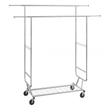 VEVOR Heavy Duty Clothes Rack, Double Hanging Rod Clothing Garment Rack for Hanging Clothes, Adjustable Height and Extendable Length Clothing Rack with Bottom Storage Area, 600 lbs Load Capacity