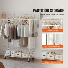 VEVOR Heavy Duty Clothes Rack, Double Hanging Rod Clothing Garment Rack for Hanging Clothes, Adjustable Height and Extendable Length Clothing Rack with Bottom Storage Area, 600 lbs Load Capacity