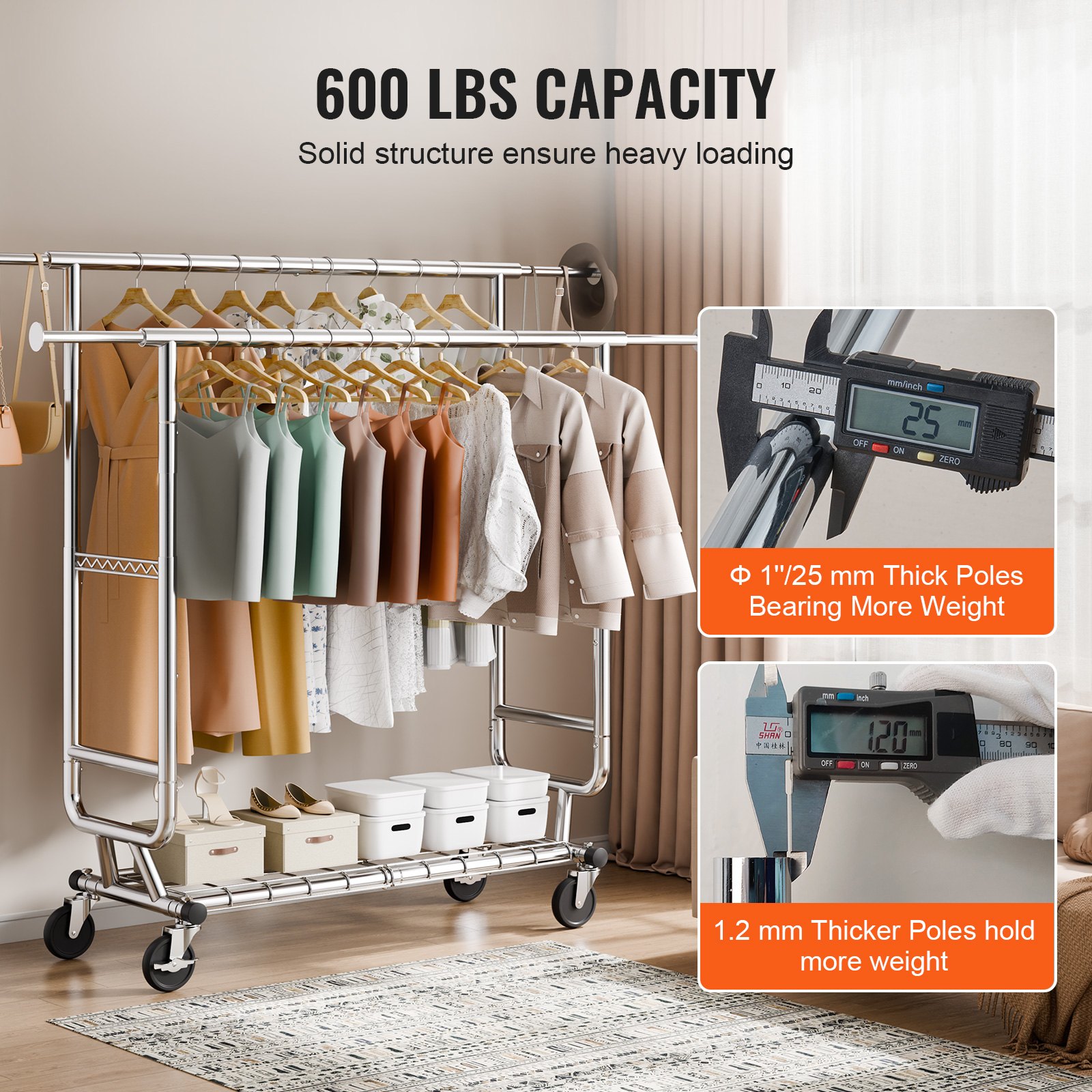 VEVOR Heavy Duty Clothes Rack, Double Hanging Rod Clothing Garment Rack for Hanging Clothes, Adjustable Height and Extendable Length Clothing Rack with Bottom Storage Area, 600 lbs Load Capacity