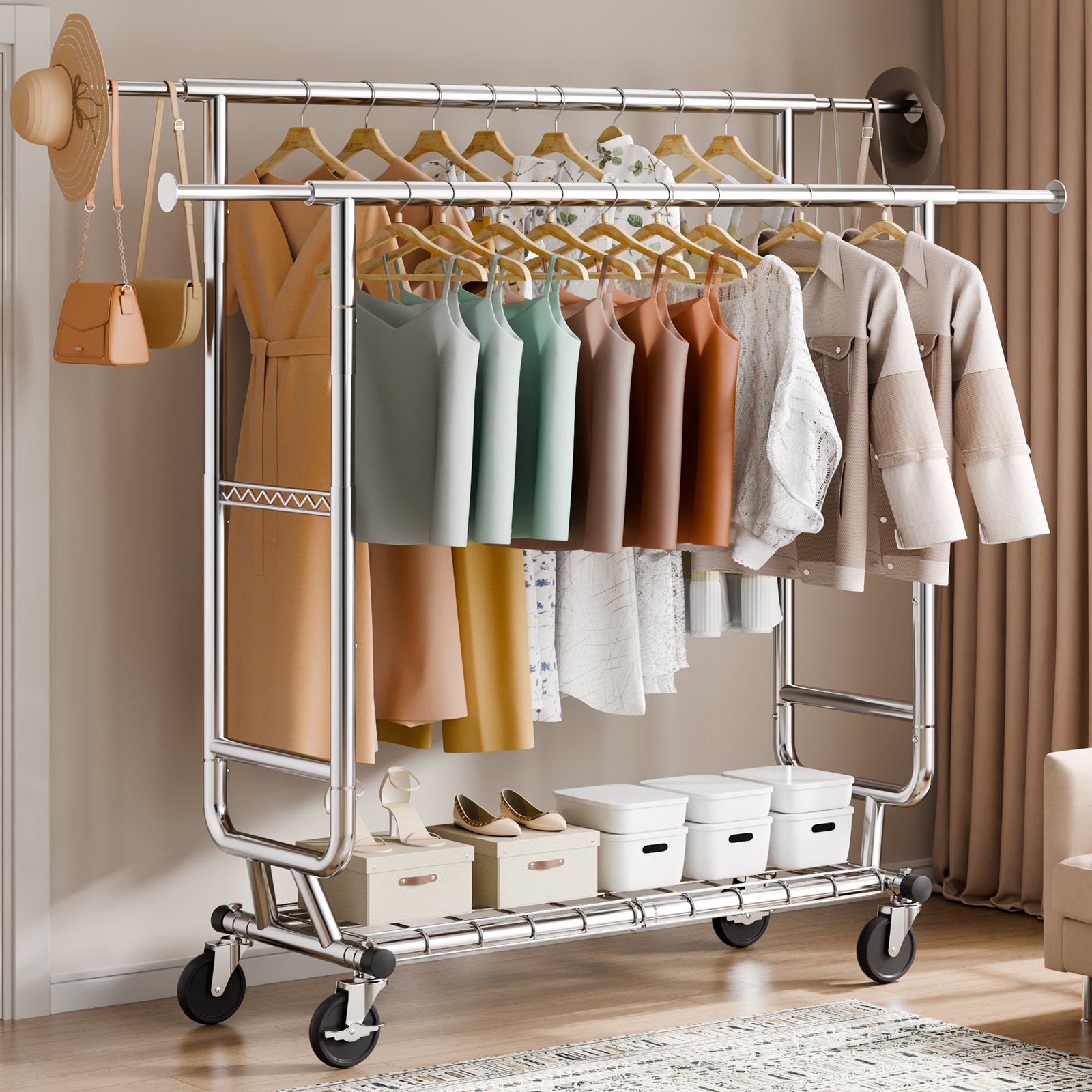 VEVOR Heavy Duty Clothes Rack, Double Hanging Rod Clothing Garment Rack for Hanging Clothes, Adjustable Height and Extendable Length Clothing Rack with Bottom Storage Area, 600 lbs Load Capacity