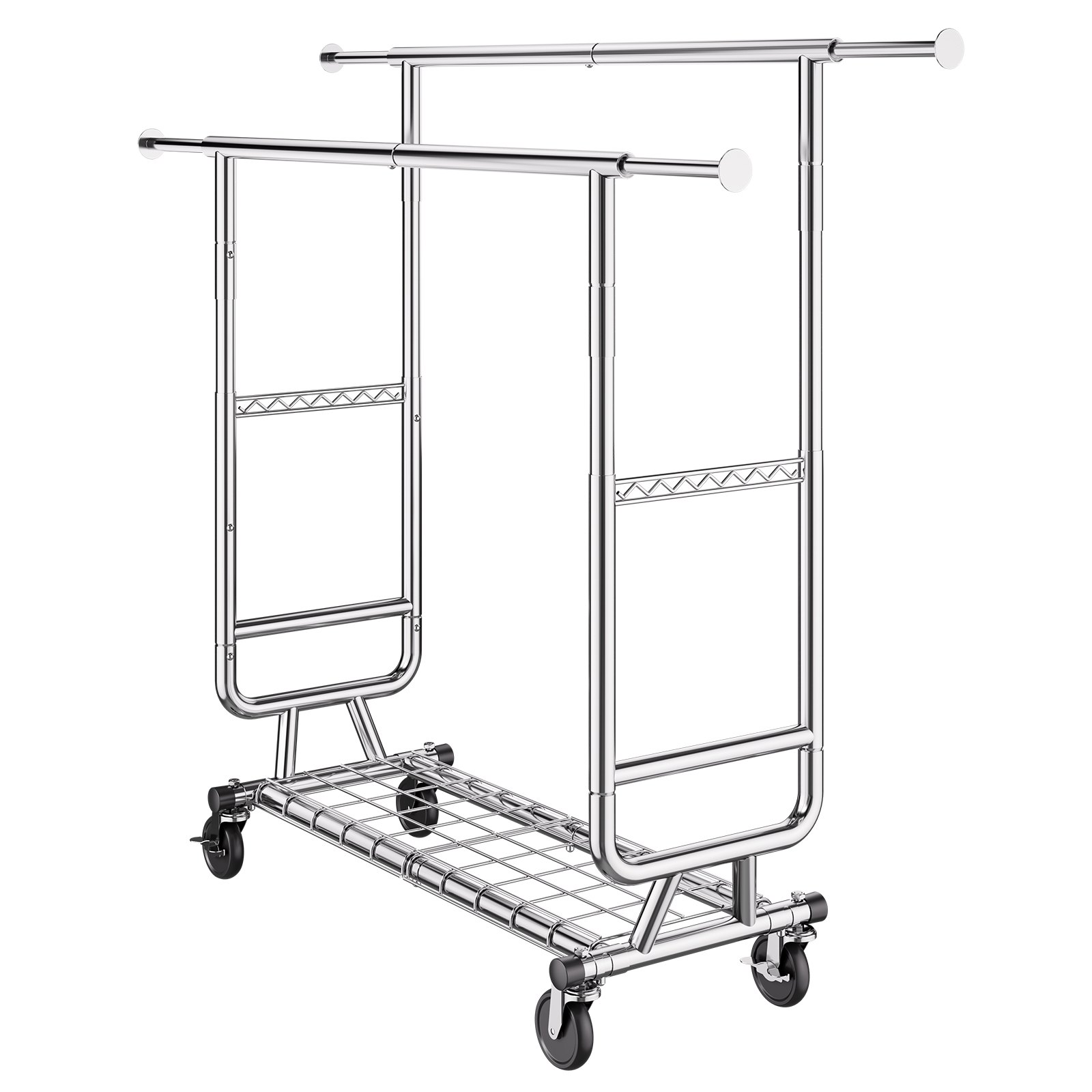 VEVOR Heavy Duty Clothes Rack, Double Hanging Rod Clothing Garment Rack for Hanging Clothes, Adjustable Height and Extendable Length Clothing Rack with Bottom Storage Area, 600 lbs Load Capacity