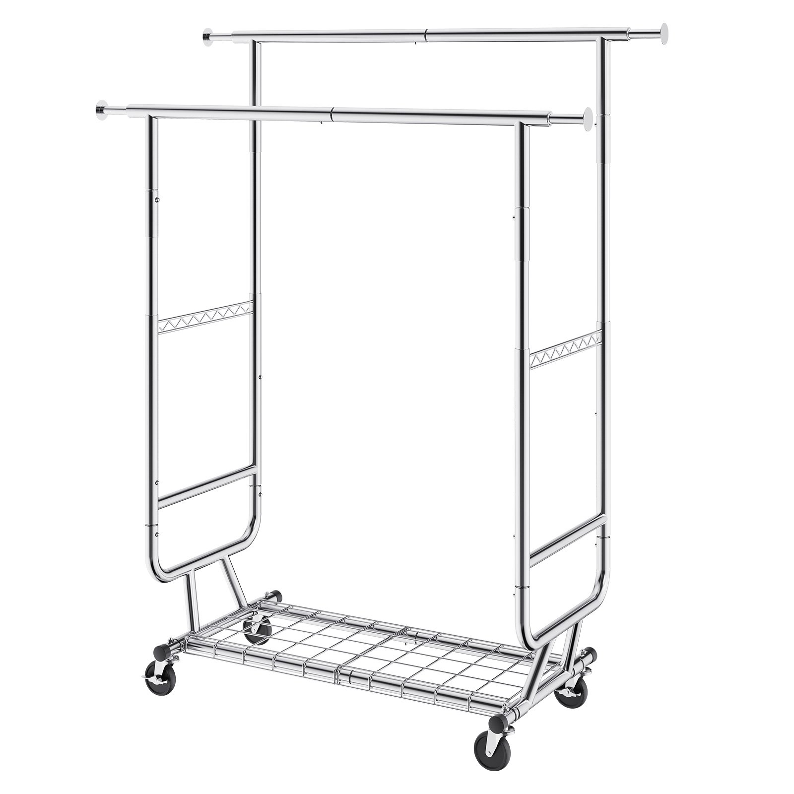 VEVOR Heavy Duty Clothes Rack, Double Hanging Rod Clothing Garment Rack for Hanging Clothes, Adjustable Height and Extendable Length Clothing Rack with Bottom Storage Area, 600 lbs Load Capacity