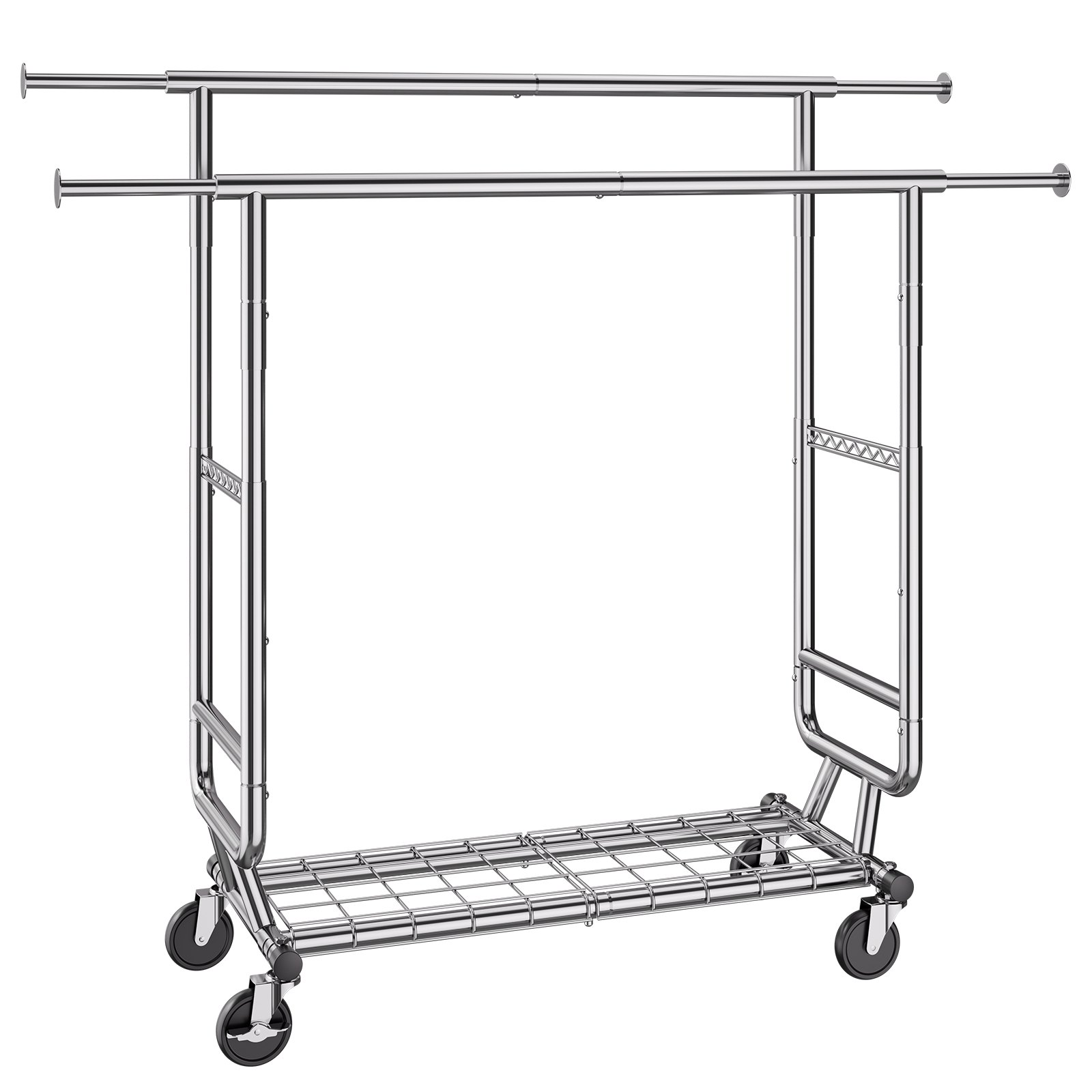 VEVOR Heavy Duty Clothes Rack, Double Hanging Rod Clothing Garment Rack for Hanging Clothes, Adjustable Height and Extendable Length Clothing Rack with Bottom Storage Area, 600 lbs Load Capacity