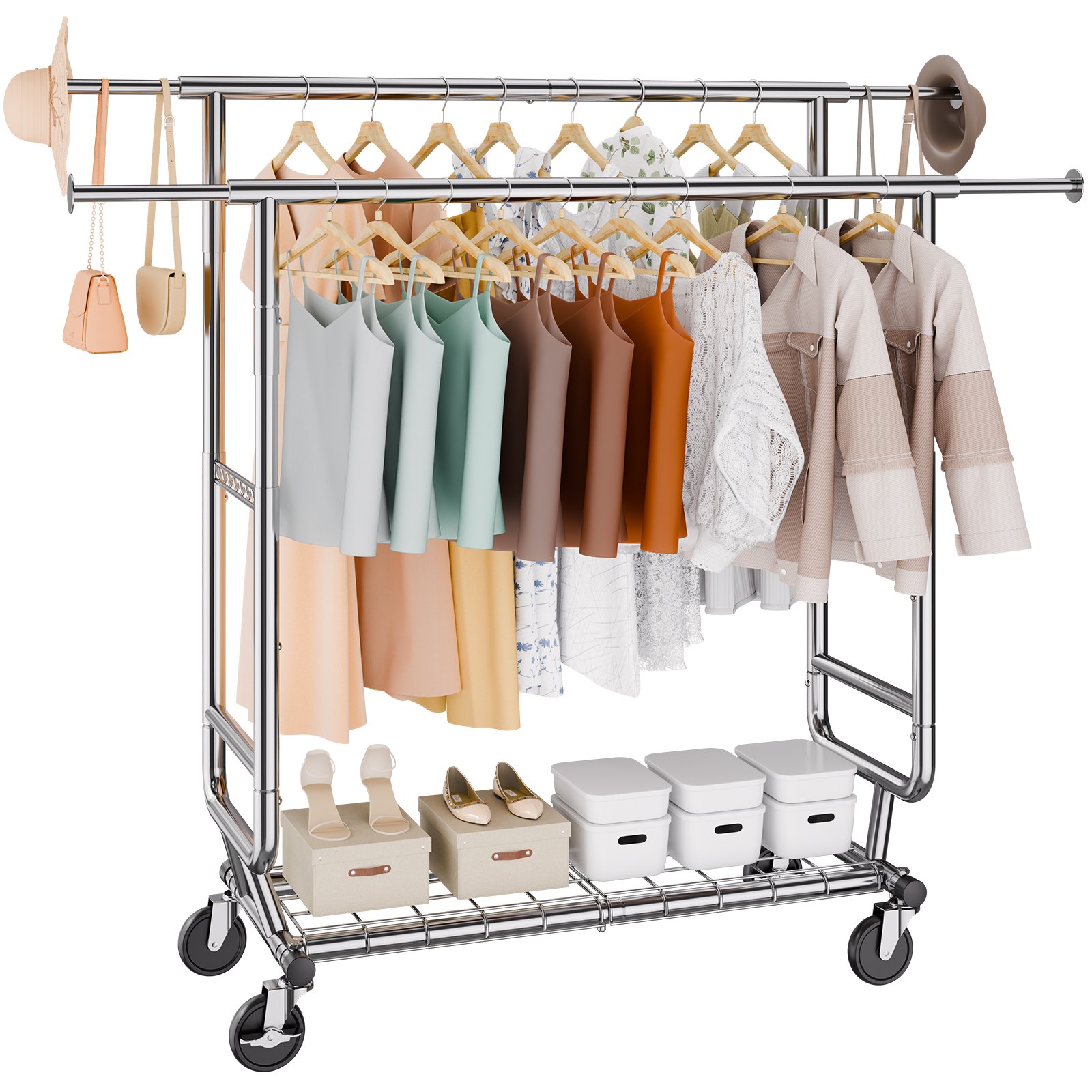 VEVOR Heavy Duty Clothes Rack, Double Hanging Rod Clothing Garment Rack for Hanging Clothes, Adjustable Height and Extendable Length Clothing Rack with Bottom Storage Area, 272 KG Load Capacity