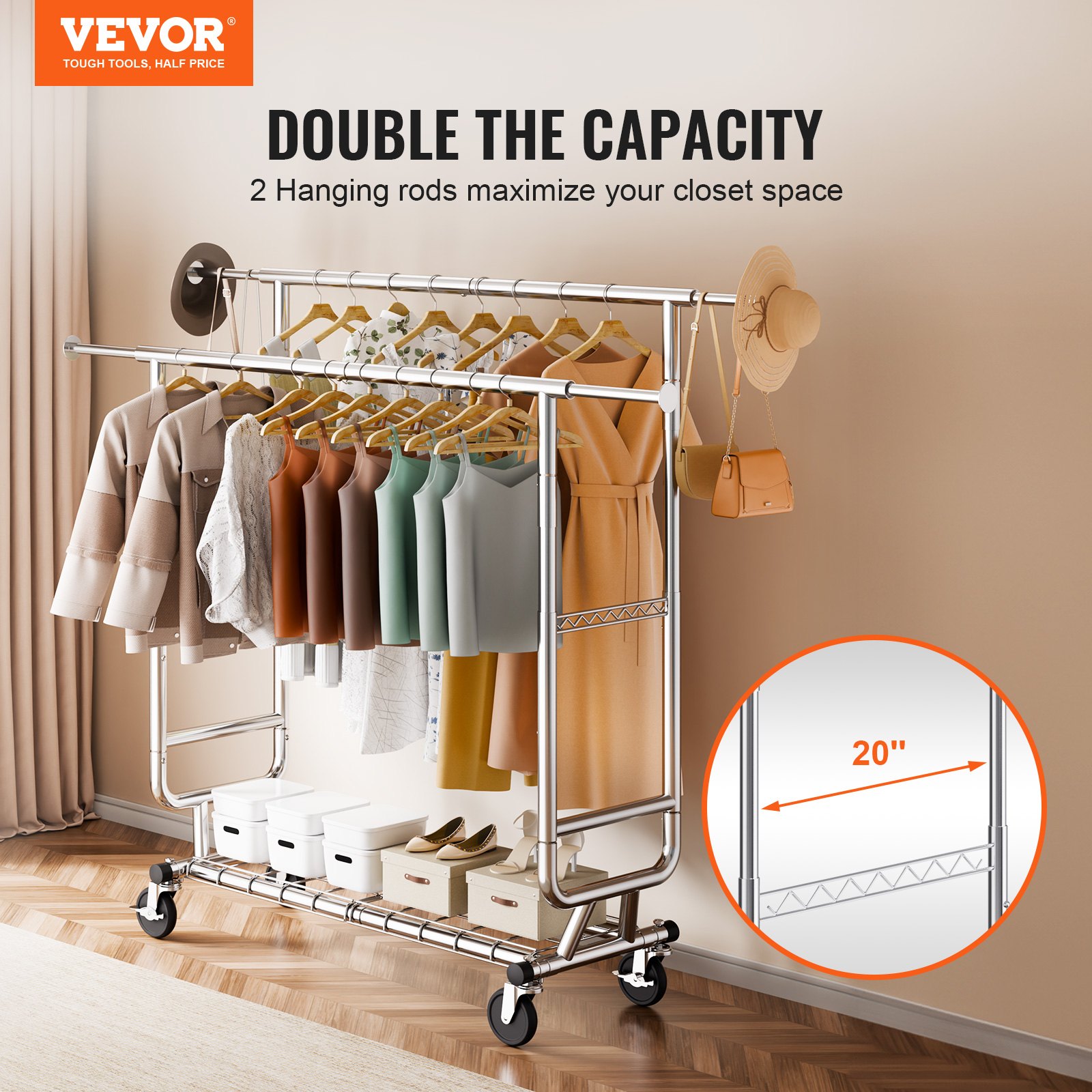 VEVOR Heavy Duty Clothes Rack, Double Hanging Rod Clothing Garment Rack for Hanging Clothes, Adjustable Height and Extendable Length Clothing Rack with Bottom Storage Area, 272.2kg Load Capacity