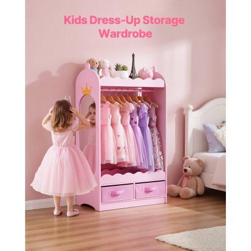 VEVOR Kids Dress Up Storage, with Mirror, Toddler Costume Wardrobe with Drawer, Dress Up Wardrobe Closet for Little Girls, Pretend Storage Dresser, Costume Organizer, for Bedroom, Kids Room, Pink | VEVOR US VEVOR Kids Dress Up Storage, with Mirror, Toddler Costume Wardrobe with Drawer, Dress Up Wardrobe Closet for Little Girls, Pretend Storage Dresser, Costume Organizer, for Bedroom, Kids Room, Pink | VEVOR US