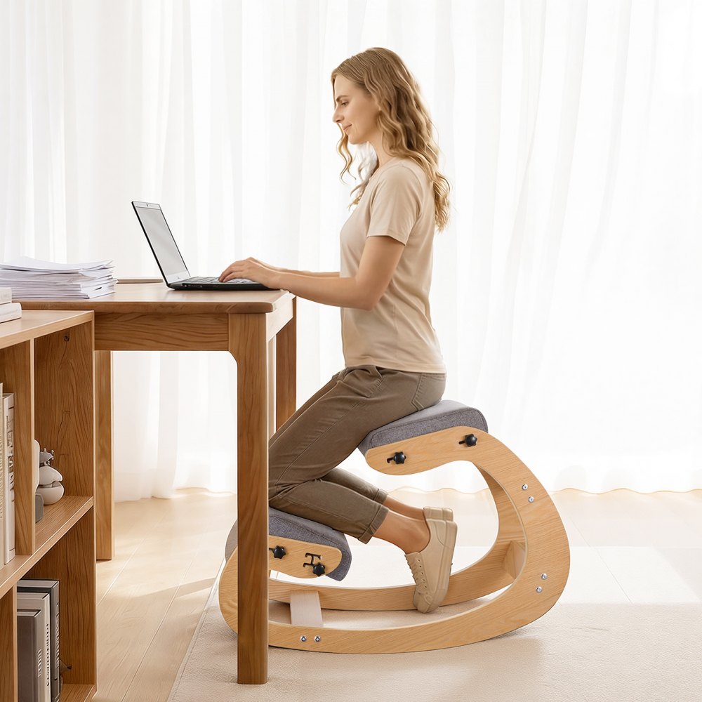 VEVOR Ergonomic Kneeling Chair, Wooden Posture Knee Chair with Adjustable Thick Foam Cushions & Solid Wood Frame, Adjustable Height, Relief for Neck or Back Pain for Home, Office or Meditation, Gray