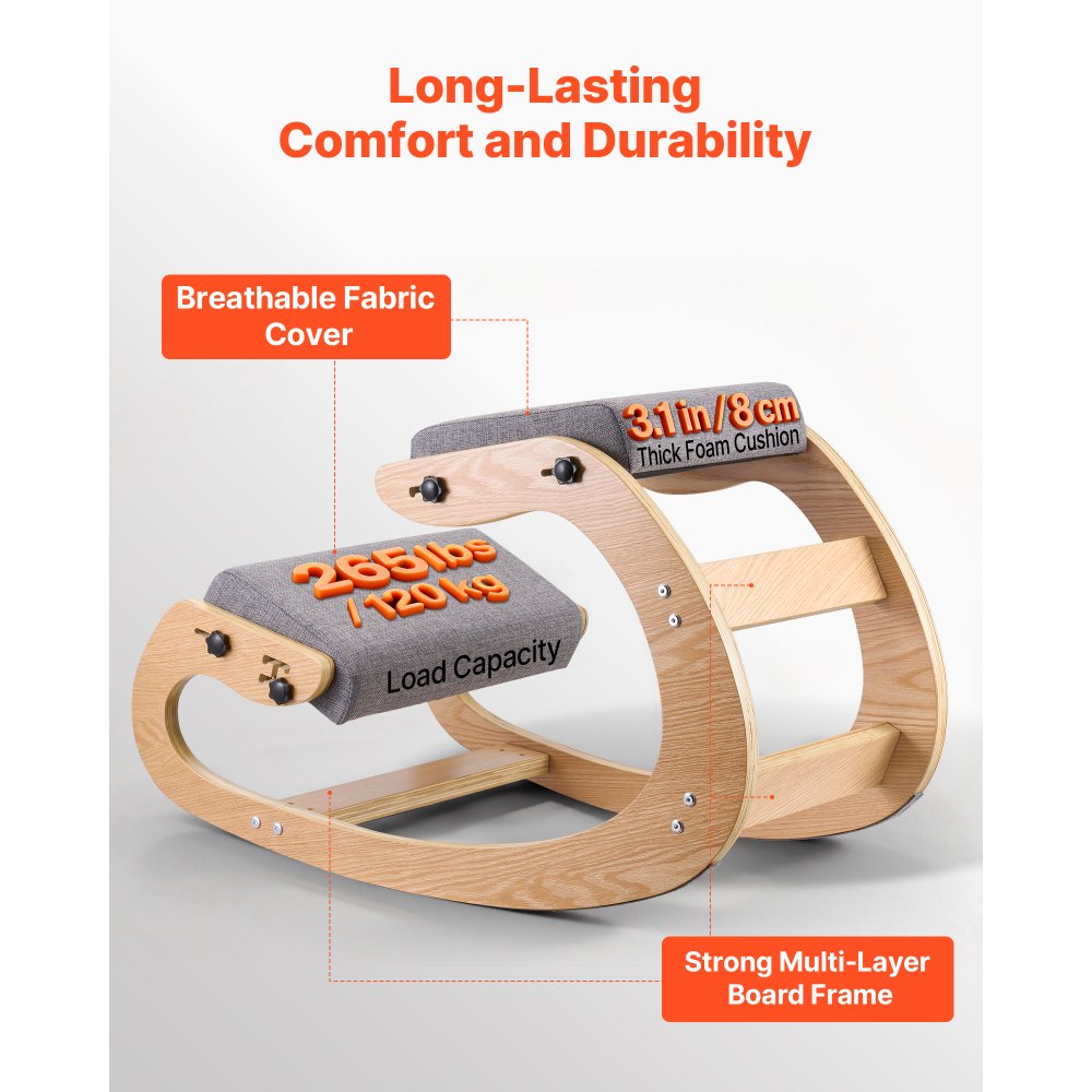 VEVOR Ergonomic Kneeling Chair, Wooden Posture Knee Chair with Adjustable Thick Foam Cushions & Solid Wood Frame, Adjustable Height, Relief for Neck or Back Pain for Home, Office or Meditation, Gray