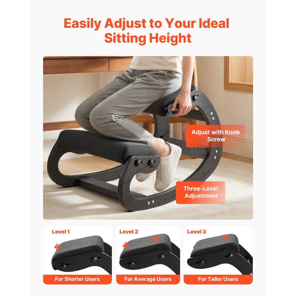 VEVOR Ergonomic Kneeling Chair, Wooden Posture Knee Chair with Adjustable Thick Foam Cushions & Solid Wood Frame, Adjustable Height, Relief for Neck or Back Pain for Home, Office or Meditation, Black