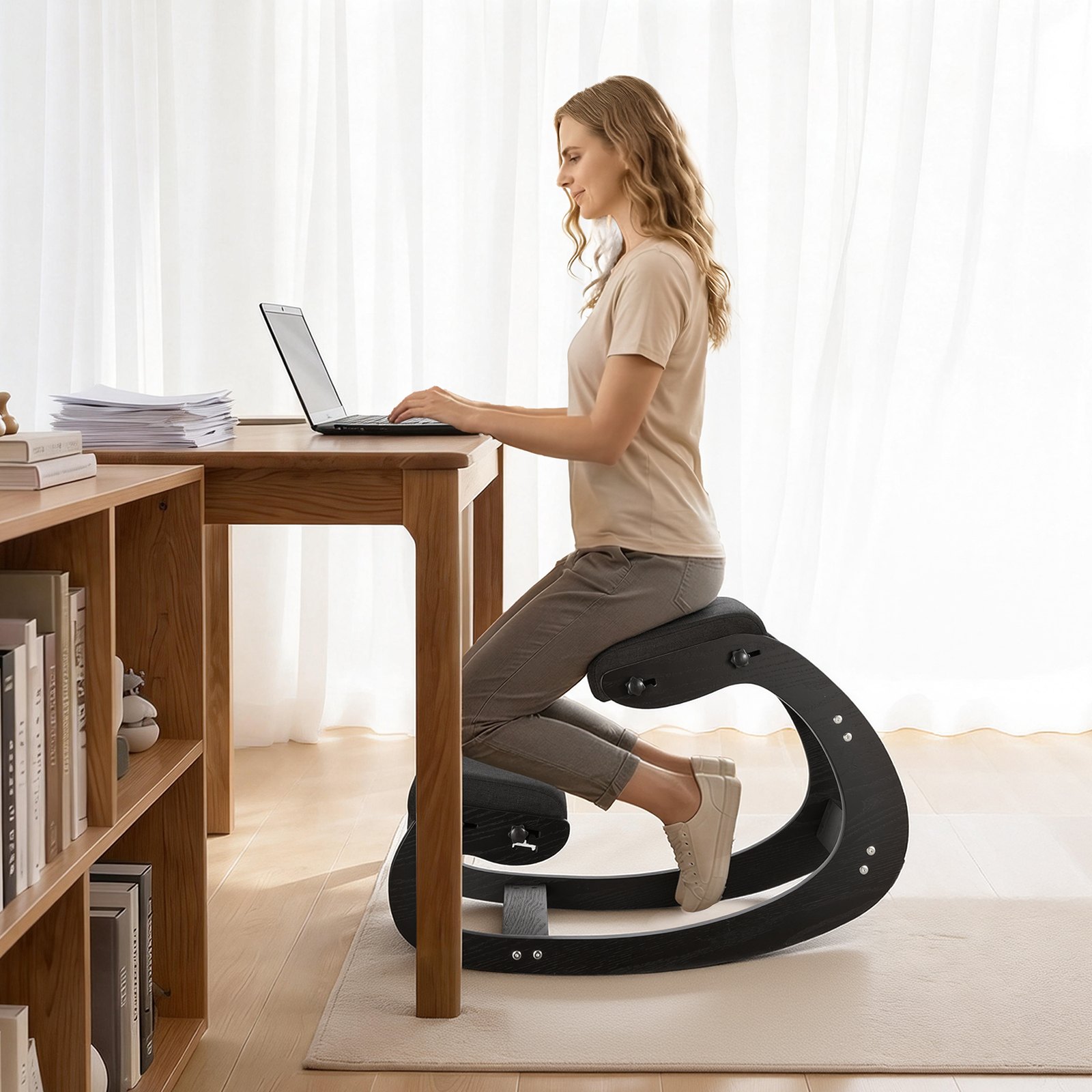 VEVOR Ergonomic Kneeling Chair, Wooden Posture Knee Chair with Adjustable Thick Foam Cushions & Solid Wood Frame, Adjustable Height, Relief for Neck or Back Pain for Home, Office or Meditation, Black