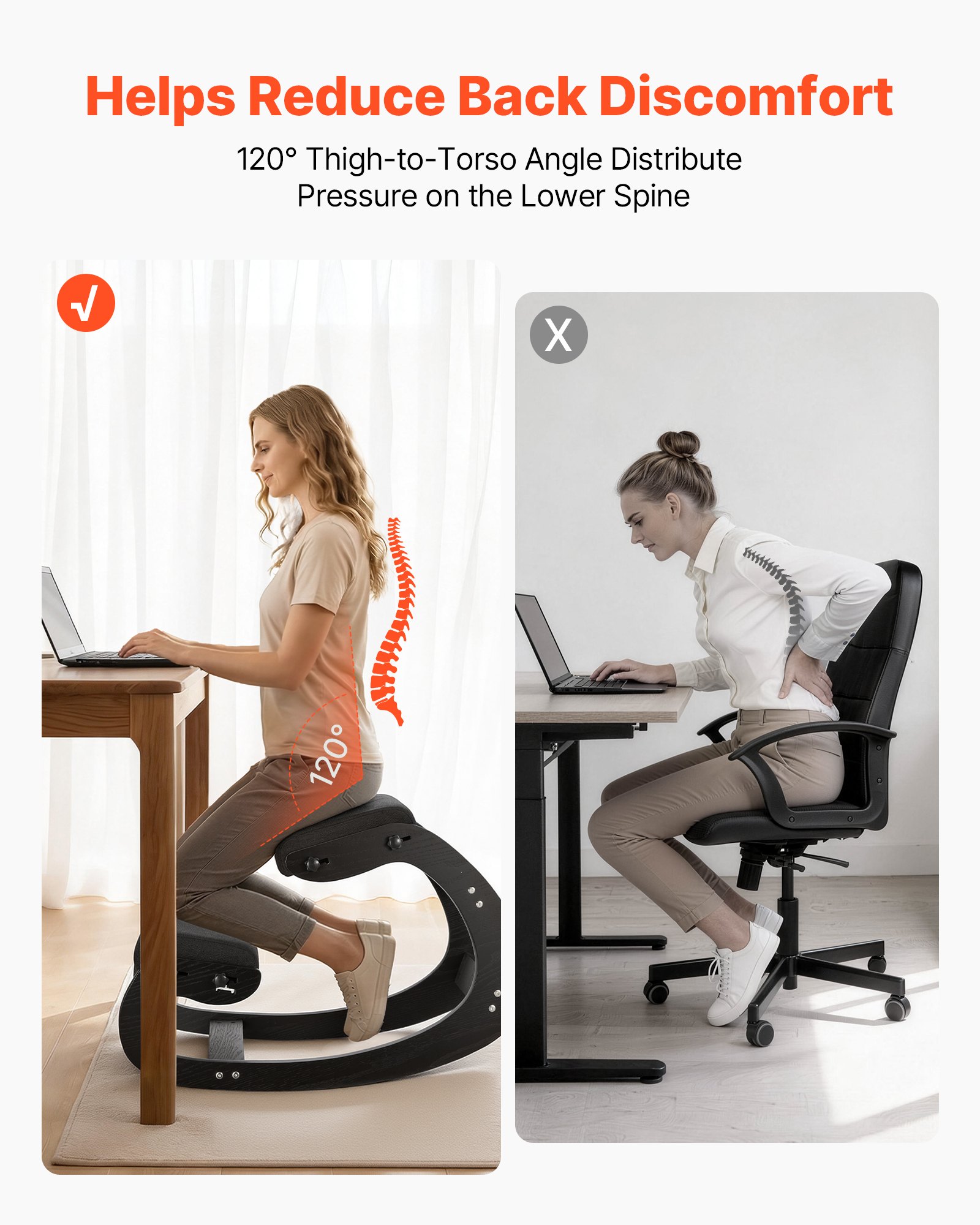 VEVOR Ergonomic Kneeling Chair, Wooden Posture Knee Chair with Adjustable Thick Foam Cushions & Solid Wood Frame, Adjustable Height, Relief for Neck or Back Pain for Home, Office or Meditation, Black