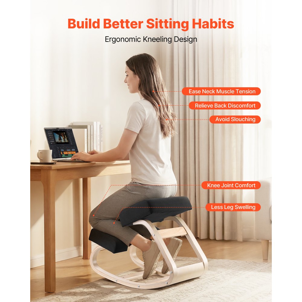 VEVOR Ergonomic Kneeling Chair, Wooden Posture Knee Chair with Thick Foam Cushions and Solid Wood Frame, Adjustable Height, Natural Relief for Neck or Back Pain, Ideal for Home, Office or Meditation