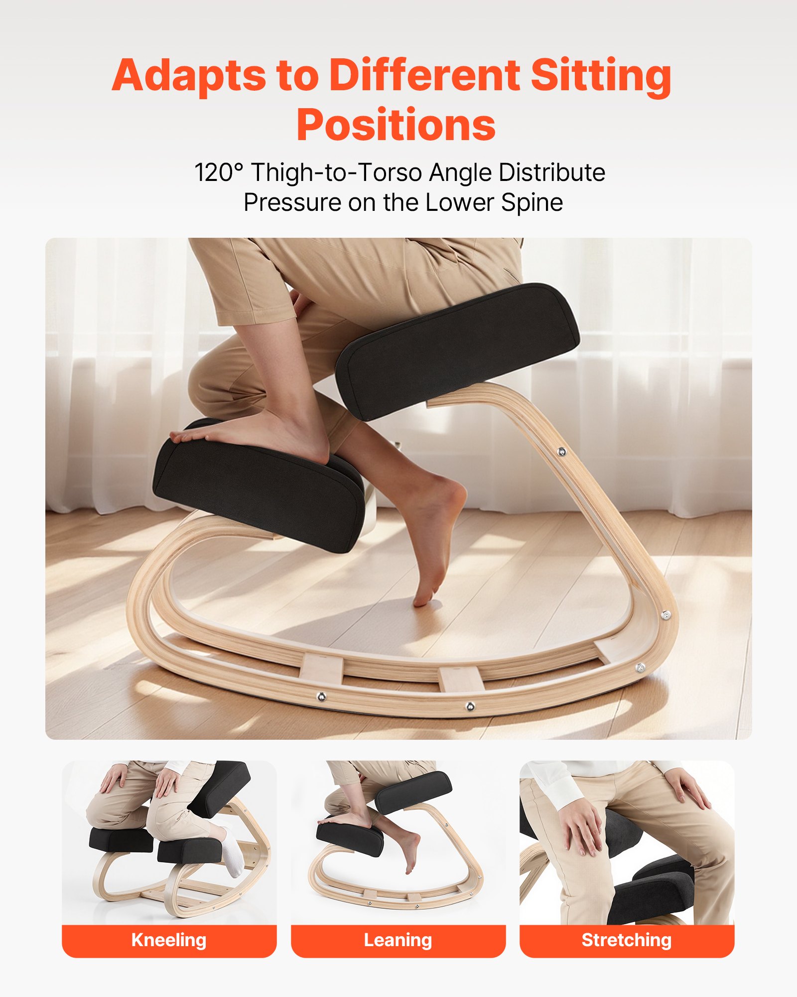 VEVOR Ergonomic Kneeling Chair, Wooden Posture Knee Chair with Thick Foam Cushions and Solid Wood Frame, Adjustable Height, Natural Relief for Neck or Back Pain, Ideal for Home, Office or Meditation