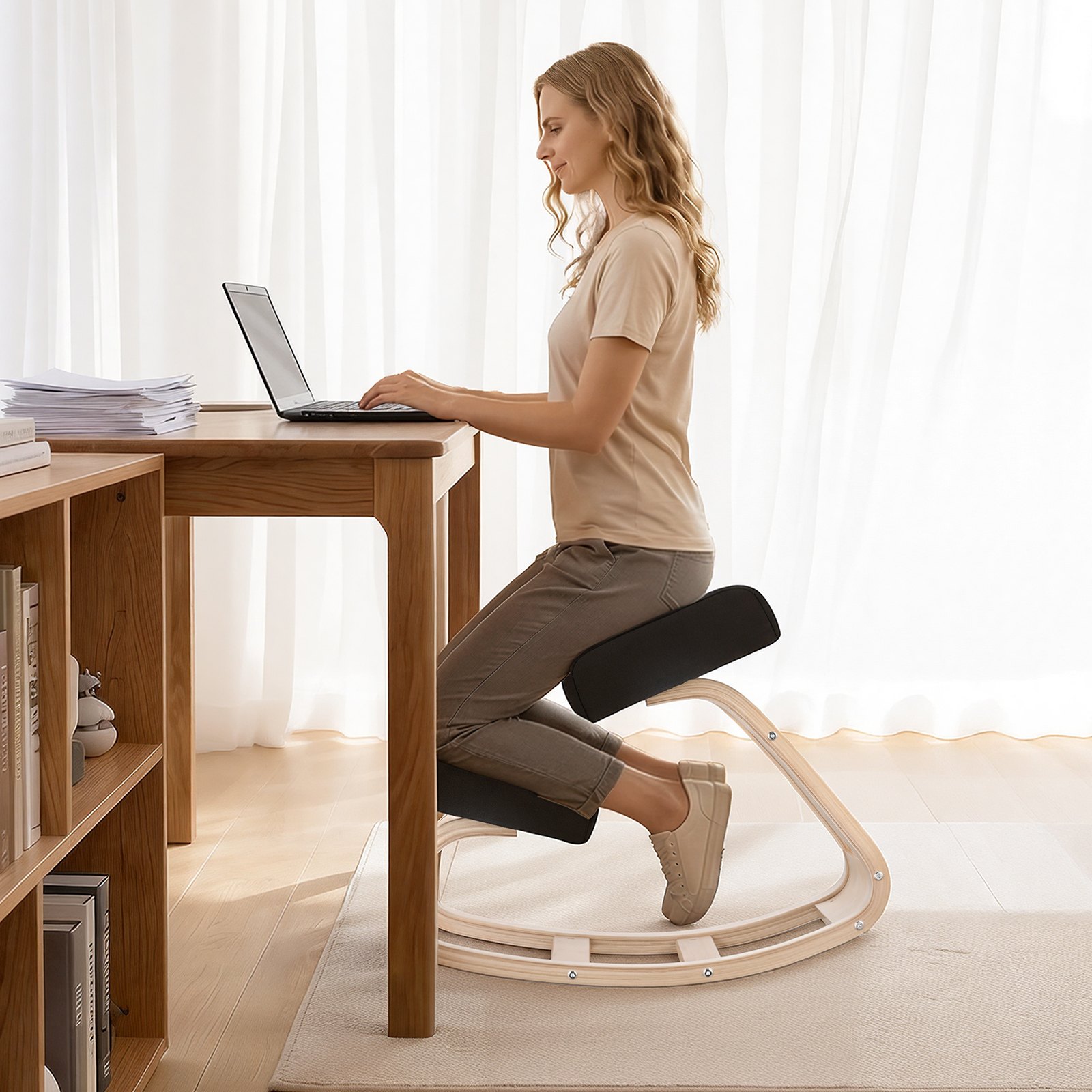 VEVOR Ergonomic Kneeling Chair, Wooden Posture Knee Chair with Thick Foam Cushions and Solid Wood Frame, Adjustable Height, Natural Relief for Neck or Back Pain, Ideal for Home, Office or Meditation