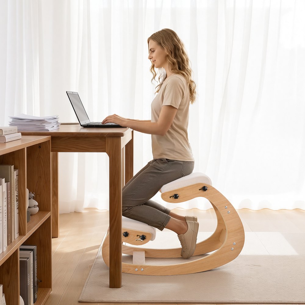 VEVOR Ergonomic Kneeling Chair, Wooden Posture Knee Chair with Adjustable Thick Foam Cushions & Solid Wood Frame, Adjustable Height, Relief for Neck or Back Pain for Home, Office or Meditation, Beige