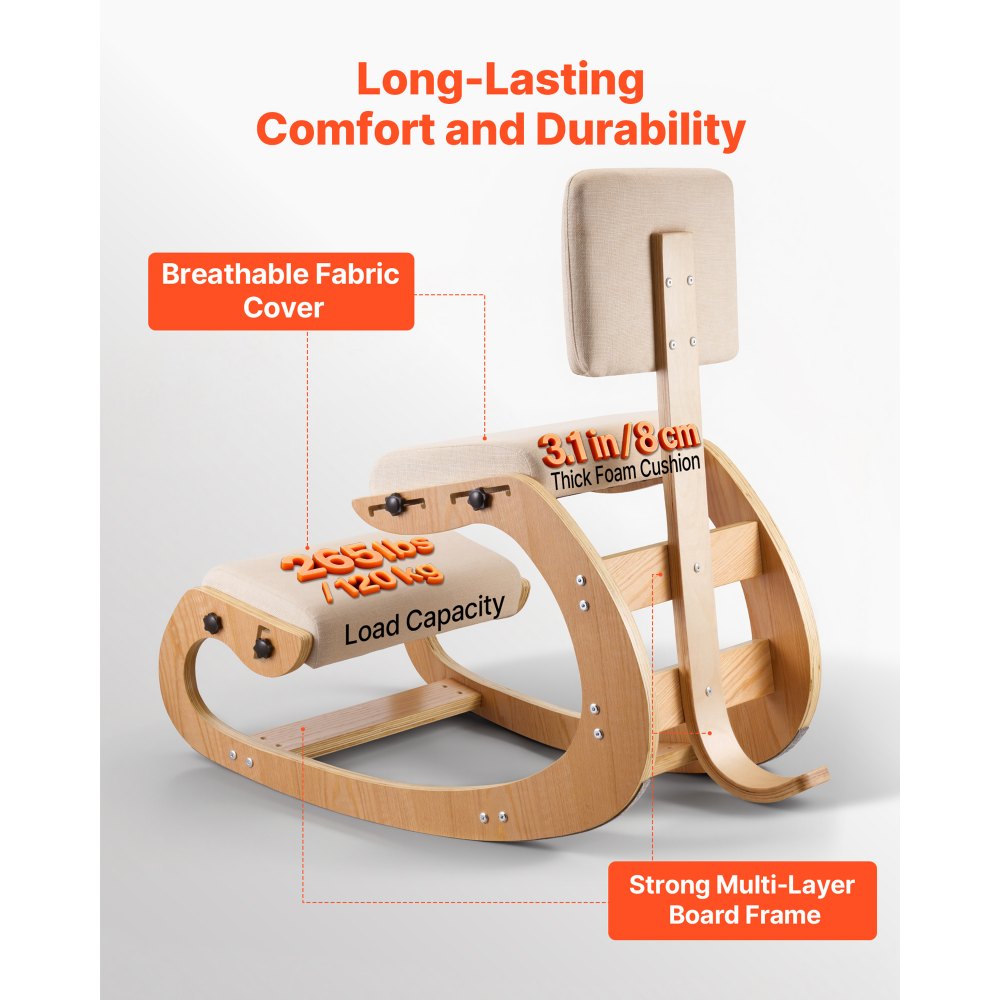 VEVOR Ergonomic Kneeling Chair, Wooden Posture Knee Chair with Adjustable Thick Foam Cushions, Backrest and Wood Frame, Adjustable Height, Relief for Neck or Back Pain for Home, Office or Meditation