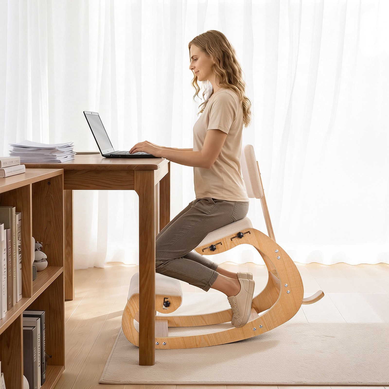 VEVOR Ergonomic Kneeling Chair, Wooden Posture Knee Chair with Adjustable Thick Foam Cushions, Backrest and Wood Frame, Adjustable Height, Relief for Neck or Back Pain for Home, Office or Meditation